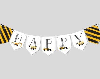May include: A white banner with black letters spelling "HAPPY" with a yellow construction vehicle on each letter. The banner has black and yellow striped ends.