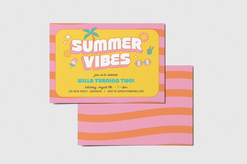 May include: A yellow and pink striped invitation card with the text "Summer Vibes" in a retro font. The card is decorated with summer-themed illustrations, including a palm tree, sunglasses, a peace sign, and a popsicle. The text "Join us to celebrate Willa turning two!" is printed below the main text. The date, time, and location of the event are also included.