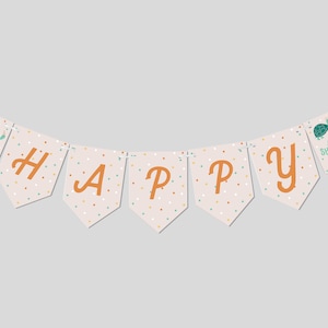 Könnte beinhalten: Ein Banner mit dem Wort "HAPPY" in orangefarbenen Buchstaben auf einem hellrosa Hintergrund mit weißen und orangefarbenen Konfetti. Das Banner hat an jedem Ende zwei Schildkrötenflaggen mit dem Text "Let's Shell-ebrate!" in grünen und orangefarbenen Buchstaben.