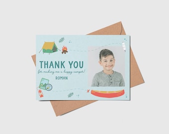 Camping Birthday Thank You Card with Photo (Printable, Editable, INSTANT DOWNLOAD)
