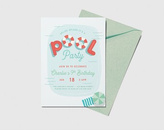 May include: A blue and white pool party invitation with a red and white inflatable ring. The text reads "Splish Splash It's a Pool Party" and "Join us to celebrate Charlie's 9th Birthday". The date and time are August 18th from 2-6pm. The location is The Carter's House, 128 Main Street. RSVP to Alex at 212-581-2888.