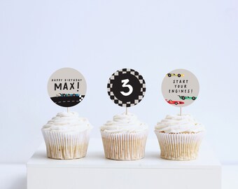 Race Car Birthday Cupcake Toppers: Checkered Flag, Editable (Digital Download)