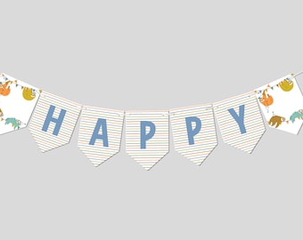 Puede incluir: Una pancarta blanca y azul con la palabra "HAPPY" en letras azules. La pancarta tiene un patrón de rayas naranjas y amarillas y presenta un diseño de perezoso.