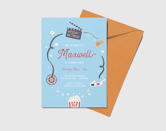 Invitación a fiesta de cine, palomitas de maíz, noche de cine, imprimible, editable, descarga instantánea