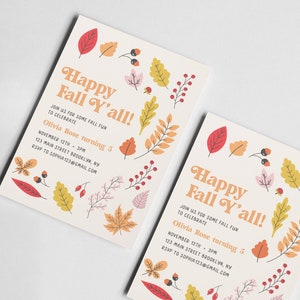 Happy Fall Y'all Birthday Party Invitation, Fall Leaves, Thanksgiving, Friendsgiving, Printable, Editable, INSTANT DOWNLOAD image 3