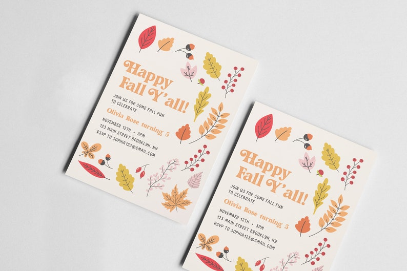 Happy Fall Y'all Birthday Party Invitation, Fall Leaves, Thanksgiving, Friendsgiving, Printable, Editable, INSTANT DOWNLOAD image 3