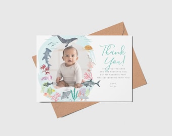 Under the Sea Birthday Thank You Card with Photo (Printable, Editable, INSTANT DOWNLOAD)