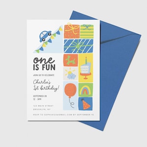 One is Fun Birthday Party Invitation, 1st Birthday, Confetti, Balloons, Rainbows, Colorful, Printable, Editable, INSTANT DOWNLOAD