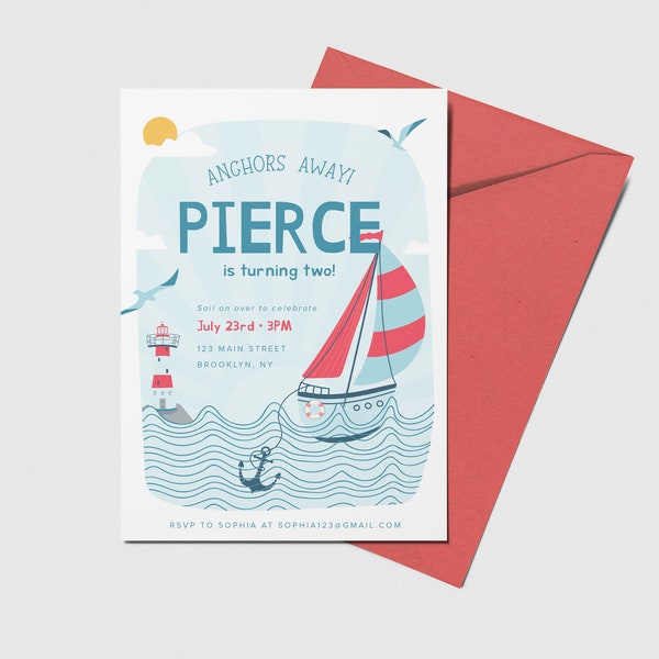 Sails Away Birthday Party Invitation, Sailboat, Anchors Away, Nautical Theme, Printable, Editable, INSTANT DOWNLOAD