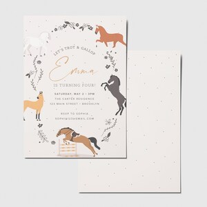 May include: A pink and white invitation with a floral border and illustrations of horses. The text reads "Let's Trot & Gallop Emma is turning four! Saturday, May 2 - 3PM The Carter Residence 123 Main Street - Brooklyn RSVP to Sophia sophi4123@gmail.com"