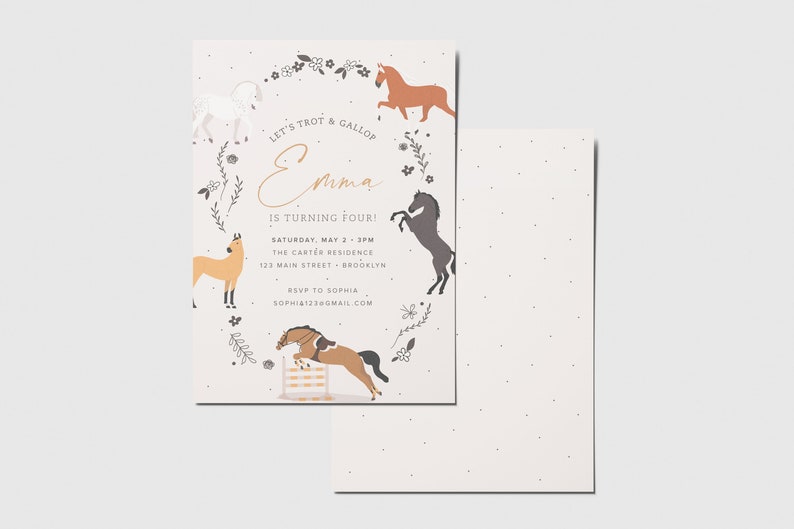 May include: A pink and white invitation with a floral border and illustrations of horses. The text reads "Let's Trot & Gallop Emma is turning four! Saturday, May 2 - 3PM The Carter Residence 123 Main Street - Brooklyn RSVP to Sophia sophi4123@gmail.com"