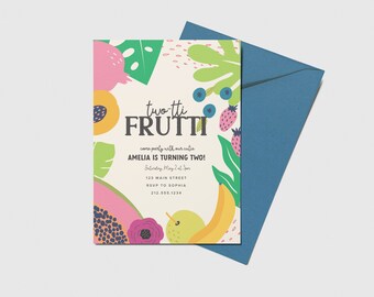 May include: A colorful invitation with a fruit theme for a child's second birthday party. The invitation says "two-tti FRUTTI come party with our cutie AMELIA IS TURNING TWO! Saturday May 2 at 3pm 123 MAIN STREET RSVP TO SOPHIA 212.555.1234"