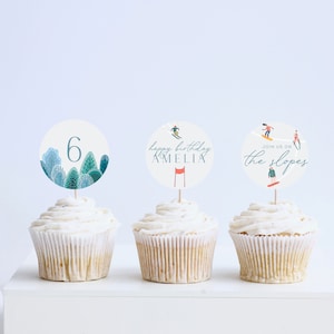 Ski Birthday Party Cupcake Toppers, Stickers, Winter Invite, Après Ski, Skiing Party, Ski Slopes, Printable, Editable, INSTANT DOWNLOAD