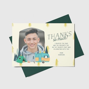 Camping Birthday Party Thank You Card with photo, Graduation Party,  Printable, Editable, INSTANT DOWNLOAD