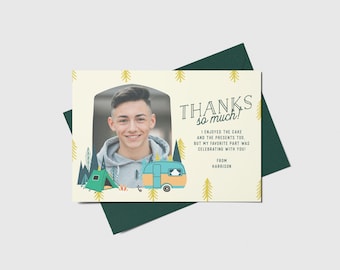 May include: A thank you card featuring a photo of a young man smiling. The card has a yellow background with green trees and a blue camper van. The text on the card reads "THANKS so much! I enjoyed the cake and the presents too. But my favourite part was celebrating with you! From Harrison."