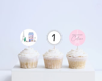 Paris Birthday Cupcake Toppers: French Cafe, Printable (Instant Download)