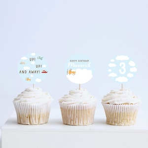 Airplane Birthday Party Cupcake Toppers, Stickers, 1st Birthday, Biplane, Plane, Helicopter, Printable, Editable, INSTANT DOWNLOAD