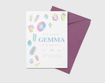 May include: A white invitation card with a colorful geometric design. The text on the card reads "Let's Rock! Gemma is turning 5! Jan 25 APM 128 Main Street Brooklyn, XT RSVP to sophiebell@gmail.com"