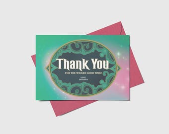 Wicked Witch Birthday Thank You Card: Emerald Green, Pink (Printable, Editable, Instant Download)