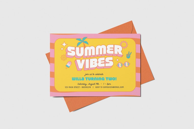 Retro Summer Vibes Birthday Invitation: Beach Party (Instant Download) image 1