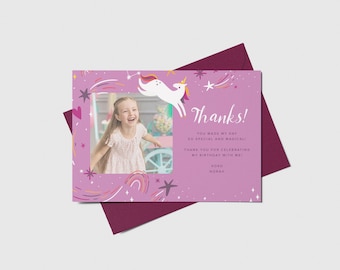May include: A pink thank you card featuring a unicorn illustration and a photograph of a girl smiling. The card reads "Thanks! You made my day so special and magical! Thank you for celebrating my birthday with me. xoxo Borah"