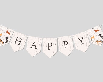 May include: A white banner with a horse pattern and the word "HAPPY" in black letters. The banner is strung with white string and is perfect for a birthday party.