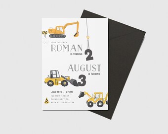 May include: Construction themed birthday invitation for Roman's 2nd birthday party. The invitation features yellow construction vehicles and the text "Join the crew Roman is turning 2 August 3 is turning".