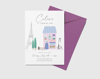 May include: A pink and blue illustrated invitation for a first birthday party with the text "Celine is turning one". The invitation features a cartoon drawing of the Eiffel Tower, a cafe, and a bicycle. The text "Spend the day in Paris" is also included. The invitation is printed on white cardstock.