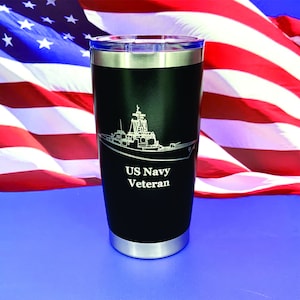 US Navy Tumbler Engraved with an Navy Ship on the Front and the US Navy Emblem on the back