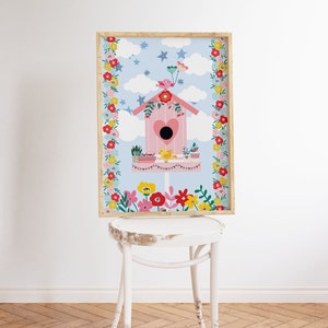 Bird house, Wildflower wall art, Light pink wall art, Dopamine decor, Kawaii room decor, Coquette room decor, Bookshelf decor