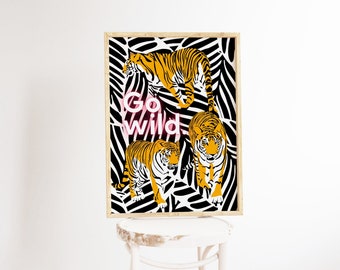 Tiger print, Funky wall art, Jungle nursery decor, Dopamine decor, Indie room decor, Eccentric wall art, Above bed art