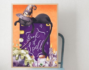 Witch cat, Spell book, Black cat Halloween, Witchy wall art, Halloween poster, Black cat wall art, Cute Halloween decor