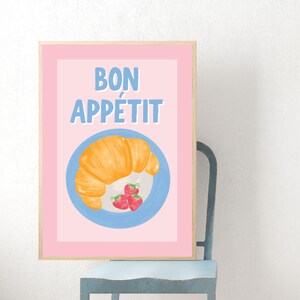 Eet smakelijk, Croissant, Aardbeienkunst, Ontbijt, Brunchdecor, Brunchdecoraties, Fruitprint, Schattig keukendecor, Trendy poster