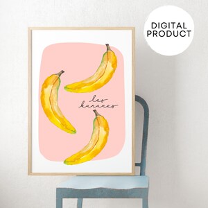 Banana, Fruit Poster, Fruit Print, Fruit Wall Art, French Watercolor, Trendy Poster, Whimsical Art Print
