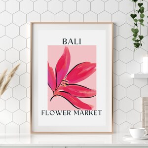 Cartaz do mercado de flores, flores de Bali, esboço de flores, desenho botânico, arte de parede de Bali, arte de parede rosa brilhante