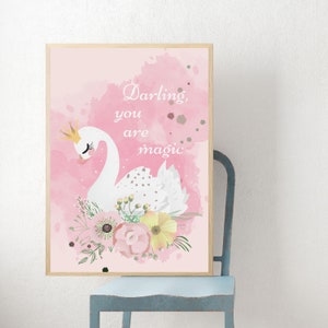 Swan, Fairytale decor, Coquette room decor,  Once upon a time, Light pink wall art, Dopamine decor, Book nook