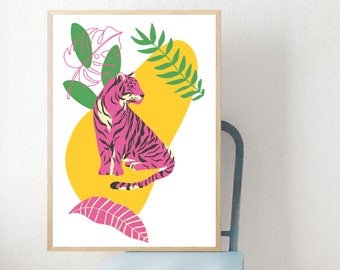 Tiger wall art, Jungle poster, Jungle leaves, Tiger print poster, Tiger art print, Hot pink wall art