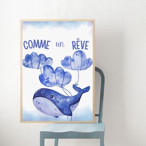 Arte de ballenas, Vivero de aventuras, Póster de ballenas, Decoración de vivero oceánico, Póster francés, Impresión de nubes