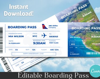 Editable Airline Boarding Pass Ticket Template. Surprise Trip Ticket ...