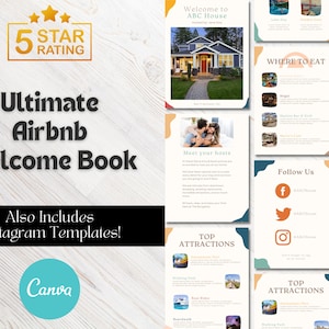 May include: A digital Airbnb welcome book template with a 5-star rating badge. The design includes pages for house details, host introductions, local attractions, and social media links. It also includes Instagram templates.