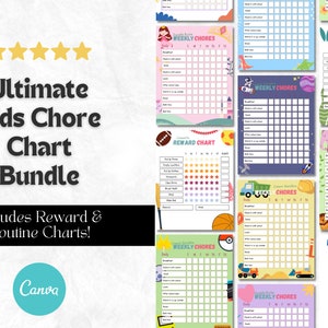 May include: A bundle of colorful kids' chore charts with various themes, including reward charts and routine charts. The charts feature illustrations of a princess, a truck, a dinosaur, and a football. The text includes "Ultimate Kids Chore Chart Bundle" and "Includes Reward & Routine Charts!"
