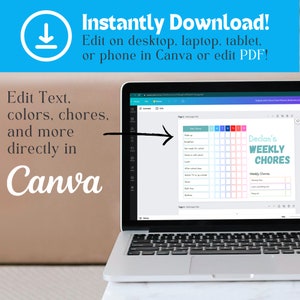 May include: A laptop screen displaying a colorful weekly chore chart for a child named Declan. The chart is designed in Canva and can be edited directly in the app or downloaded as a PDF.