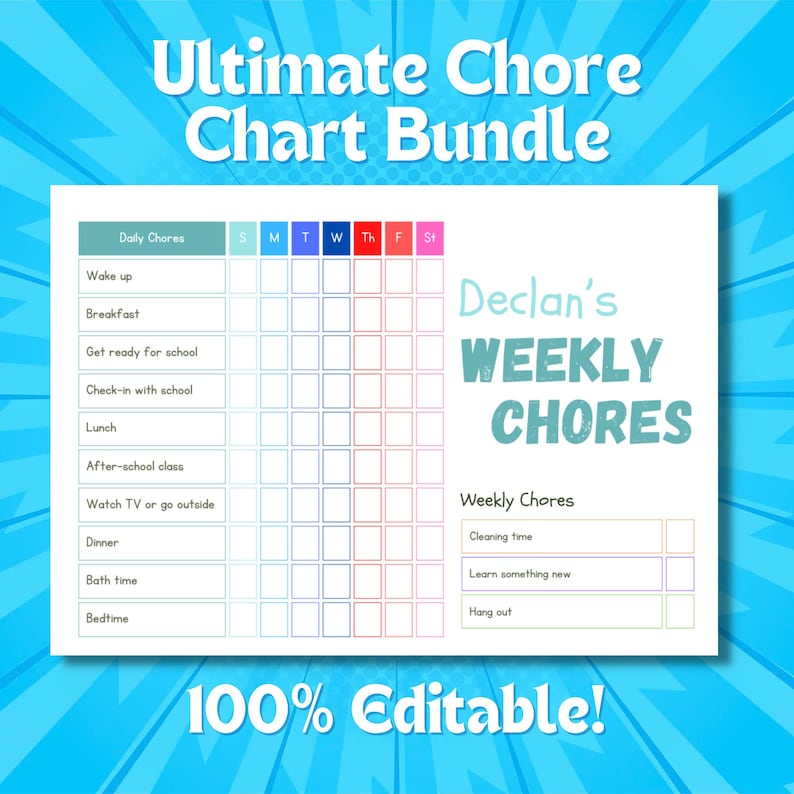 EDITABLE Kids Chore Chart Routine Chart Kids Schedule Kids Checklist ADHD Chore Chart Daily ...