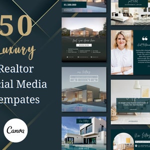 May include: A collection of 50 social media templates for real estate agents. The templates feature a dark green background with gold accents and images of luxury homes. The text "50 Luxury Realtor Social Media Templates" is displayed in a large, bold font. The Canva logo is also visible in the bottom left corner.