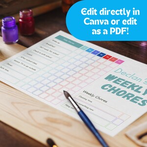 May include: A printable weekly chore chart for kids with a colorful gradient design. The chart includes daily chores, weekly chores, and a space for a child's name. The text on the chart reads "Declan's Weekly Chores".