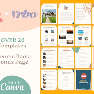 May include: A collage of images showing templates for a welcome book for Airbnb and Vrbo rentals. The templates include sections for check-out instructions, must-see and do, top hikes, best beaches, top attractions, where to eat, house rules, FAQ, house services, emergency contacts, a no smoking sign, and WiFi information.