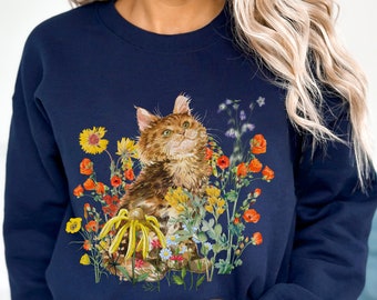 Cat Sweatshirt, Cottagecore Sweater, Indie Crewneck, Fairycore Clothing, Cottagecore Cat Sweatshirt,Vintage Cat Sweatshirt,Fairy Aesthetic