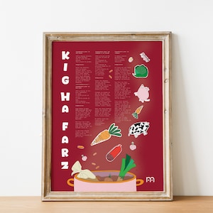 KIG HA FARZ, ricetta di cucina, poster decorativo, poster di cibo, ricetta illustrata, ricetta di famiglia, decorazione della cucina, regalo per la cucina