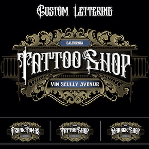 May include: A vintage-style logo design for a tattoo shop. The logo features ornate gold and brown scrollwork with the text "TATTOO SHOP" in white lettering. The text "CALIFORNIA" and "VIN SCULLY AVENUE" are also included in the design.
