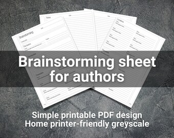 Pode incluir: Uma folha de brainstorming imprimível para autores, projetada em um formato simples, amigável para impressoras domésticas em escala de cinza. A folha inclui seções para brainstorming de personagens, locais, pontos da trama e notas.